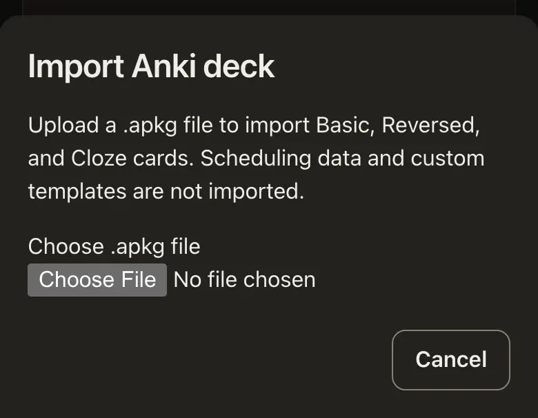 Anki import screen showing the .apkg file chooser
