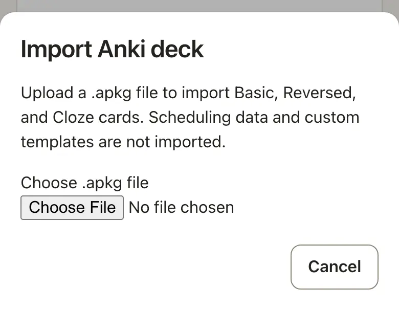 Anki import screen showing the .apkg file chooser